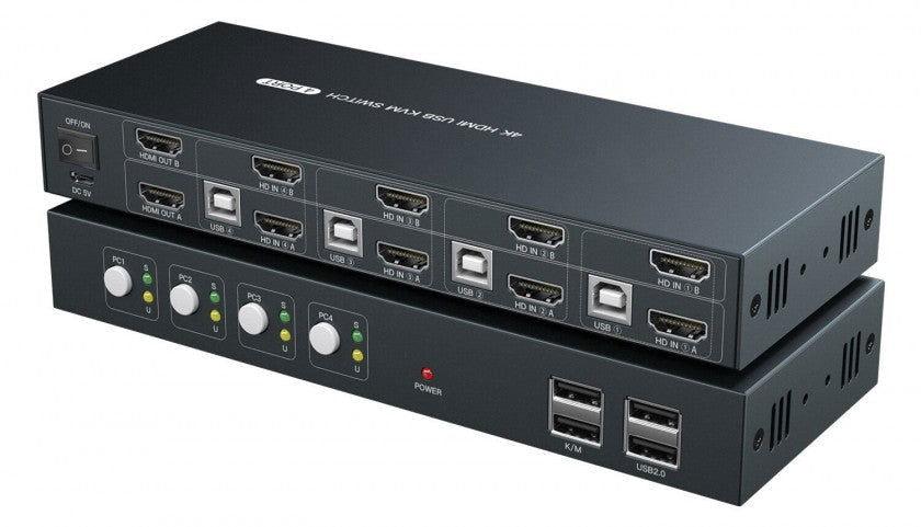 מתג KVM 4:1 אוטומטי HDMI/DP 4K@60H+USB2.0 עם ספק, שלט וכבלים - EcoFiber - אקופייבר