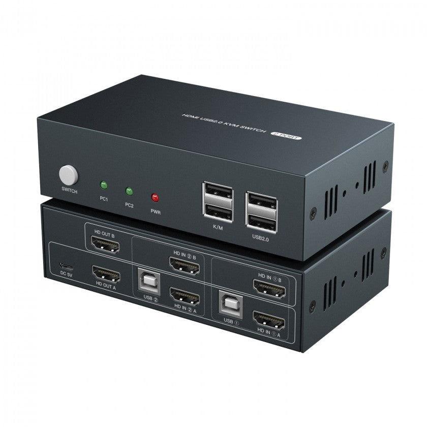 מתג KVM 2:1 אוטומטי HDMI 4K@60HZ + USB2.0 עם ספק, שלט וכבלים - EcoFiber - אקופייבר