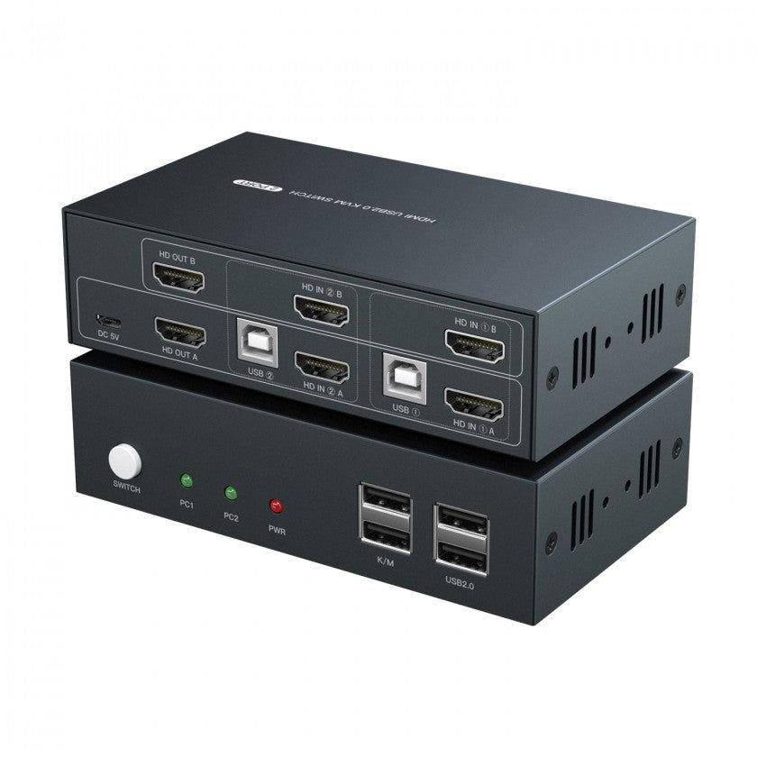 מתג KVM 2:1 אוטומטי HDMI 4K@60HZ + USB2.0 עם ספק, שלט וכבלים - EcoFiber - אקופייבר