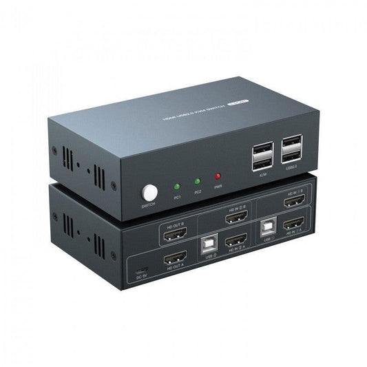 מתג KVM 2:1 אוטומטי HDMI 4K@60HZ + USB2.0 עם ספק, שלט וכבלים - EcoFiber - אקופייבר