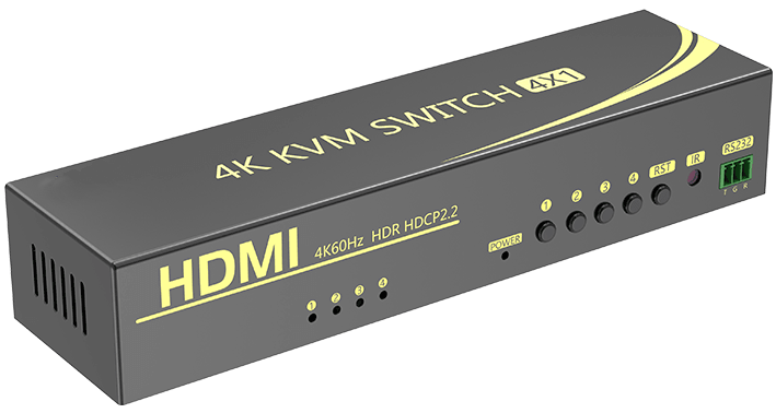 מתג KVM 4:1 אוטומטי DP 4K@60HZ + USB2.0 עם ספק, שלט וכבלים - EcoFiber - אקופייבר