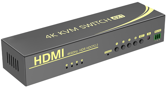 מתג KVM 4:1 אוטומטי DP 4K@60HZ + USB2.0 עם ספק, שלט וכבלים - EcoFiber - אקופייבר